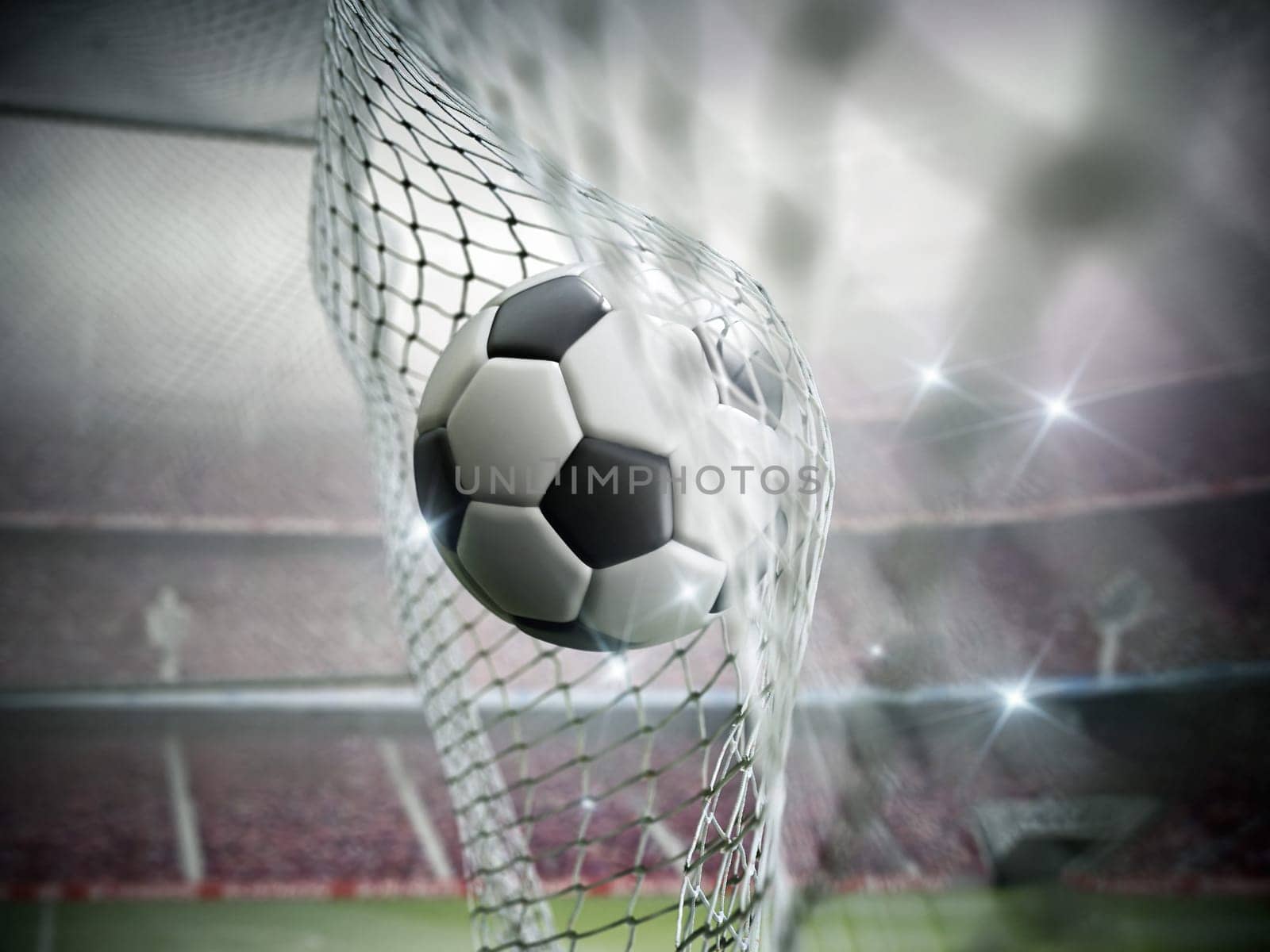 Soccer ball on the net. Soccer goal. 3D illustration.