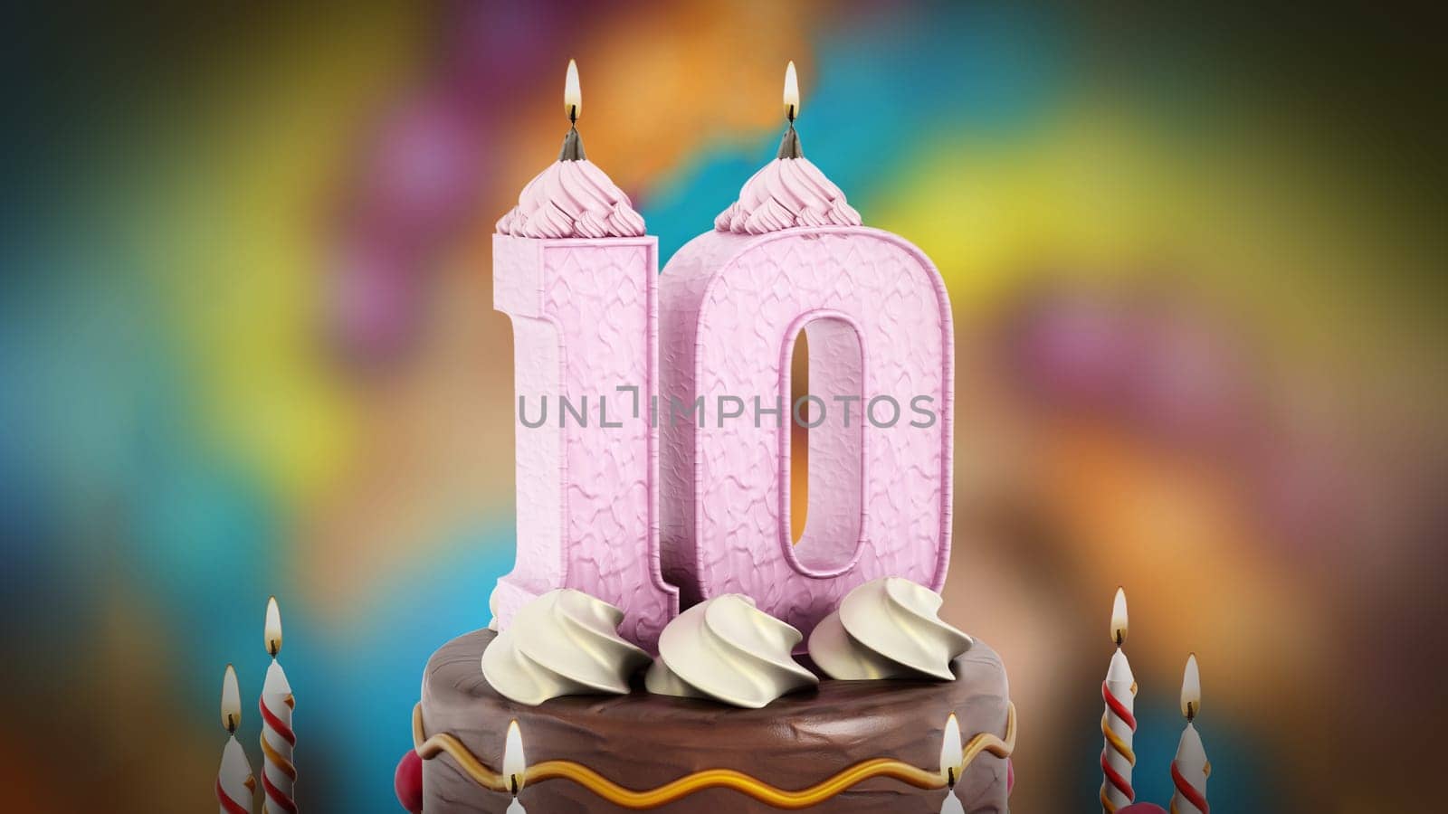 Birthday cake with lit number 10 candle. 3D illustration.