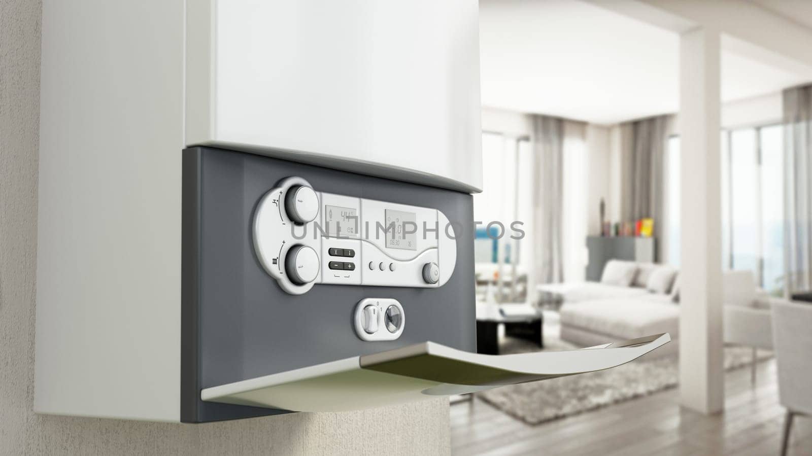 Combi boiler on the wall with contemporary living room view. 3D illustration.