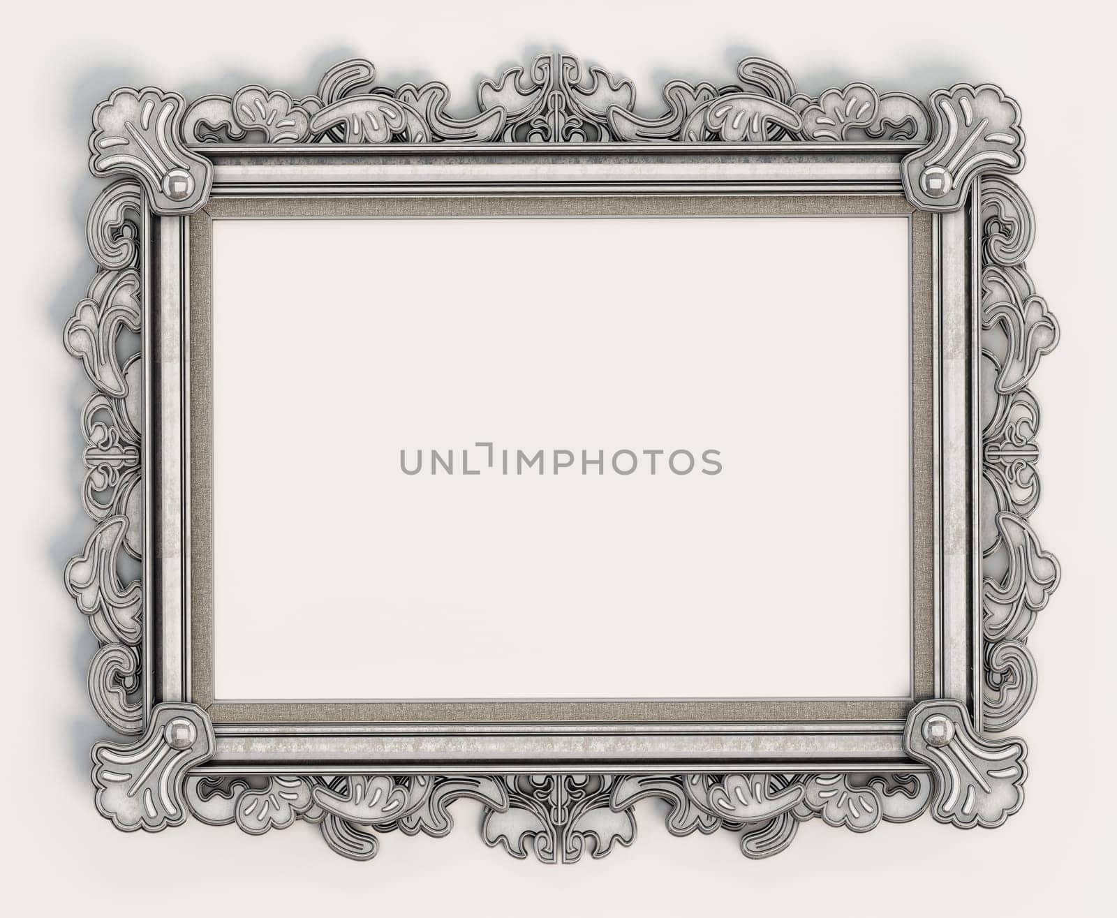 Silver ornate vintage picture frame. 3D illustration.