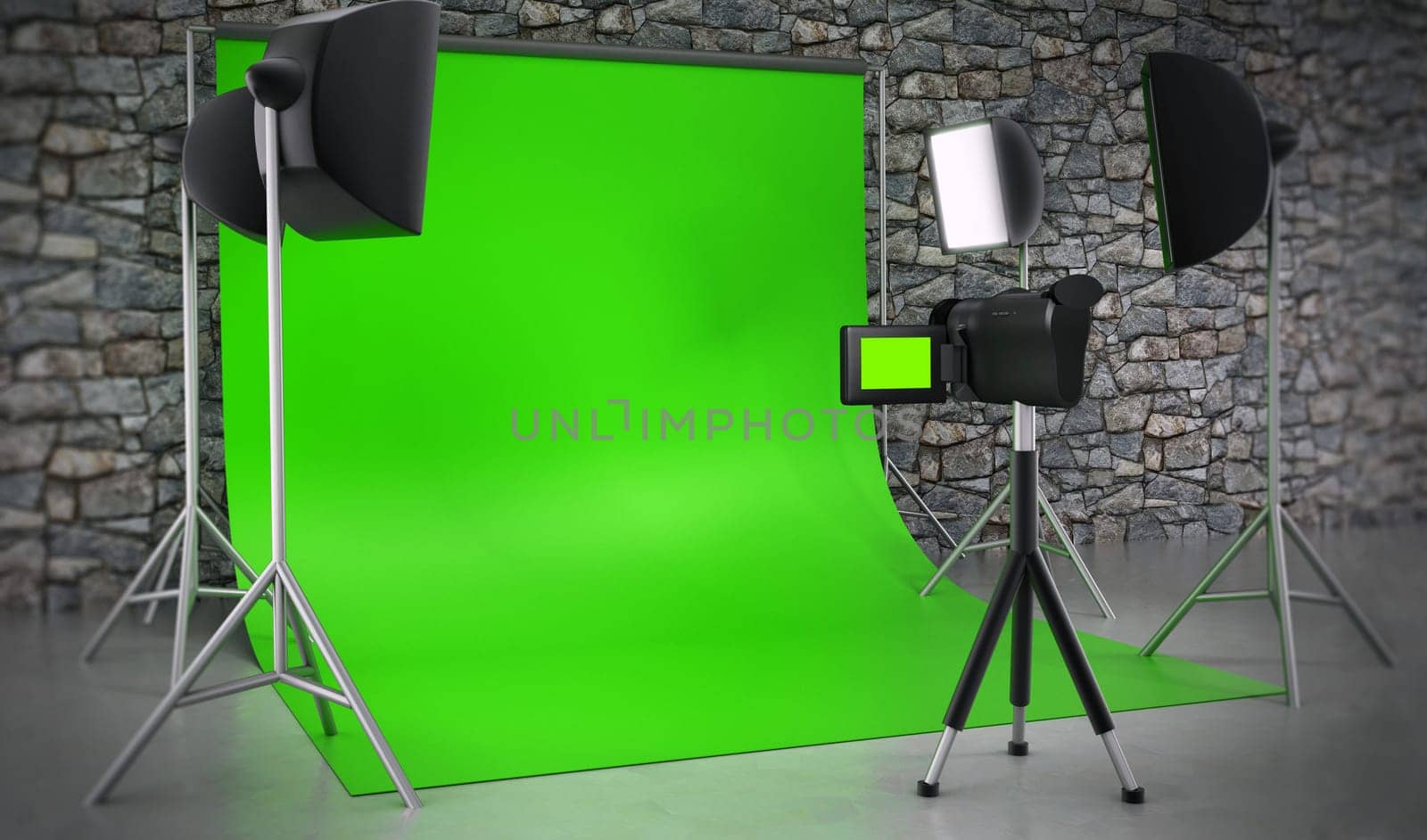 Photography equipments with green screen backdrop curtain. 3D illustration.