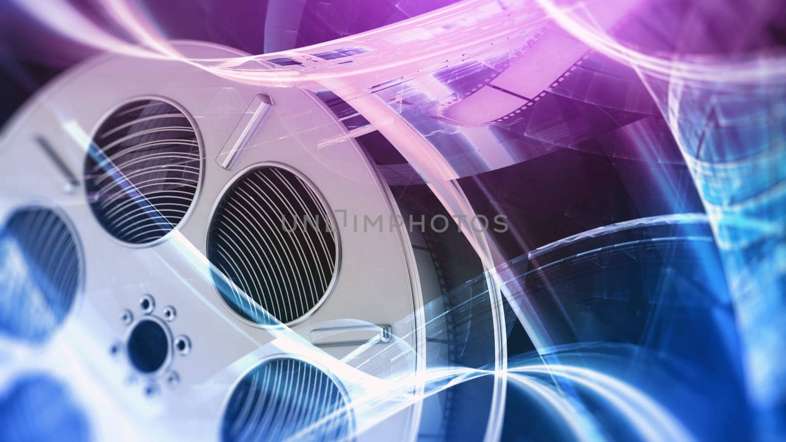 Film reel background in blue color tones. 3D illustration.