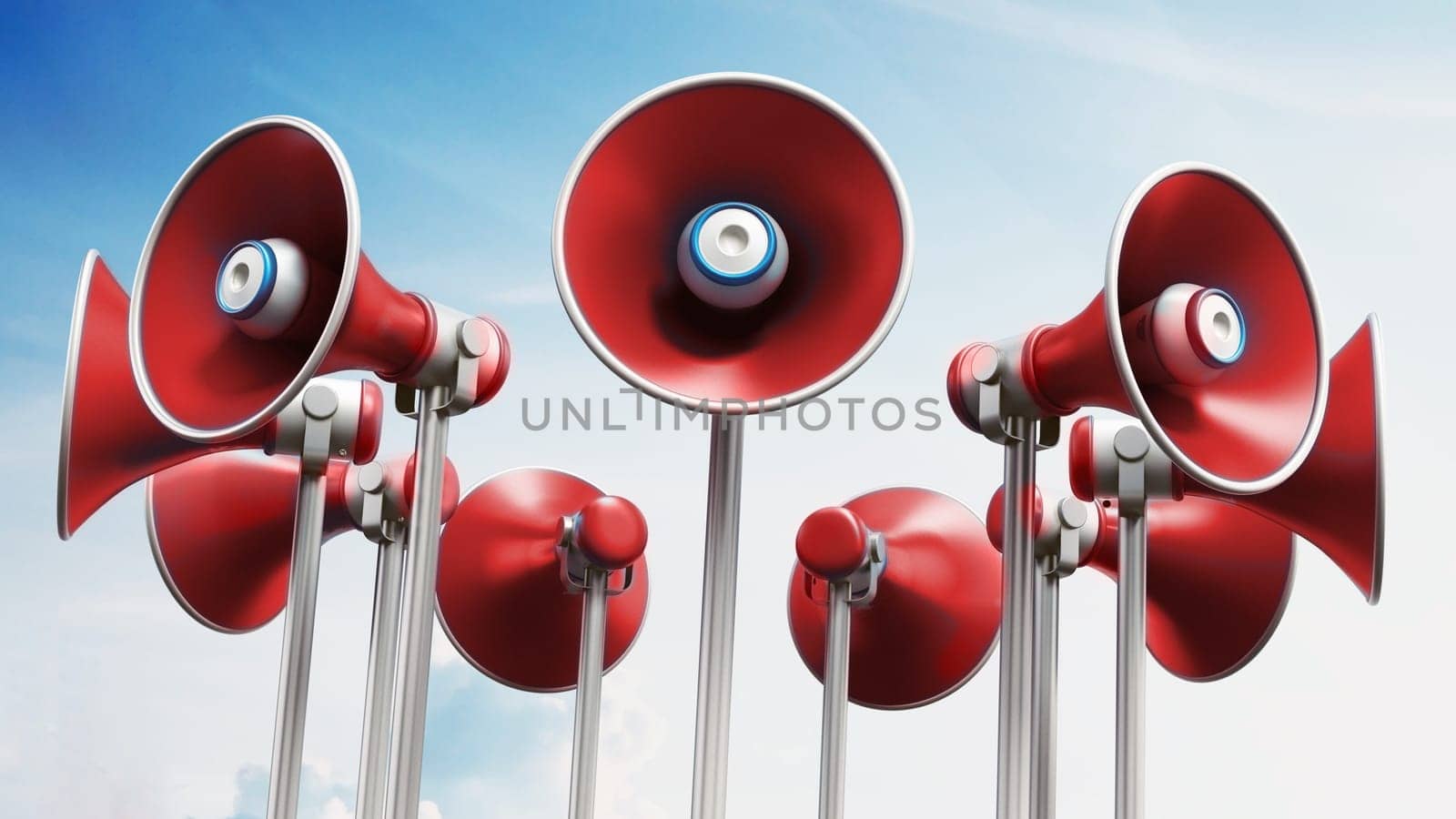 Red loudspeakers on the pole against clear blue sky. 3D illustration.