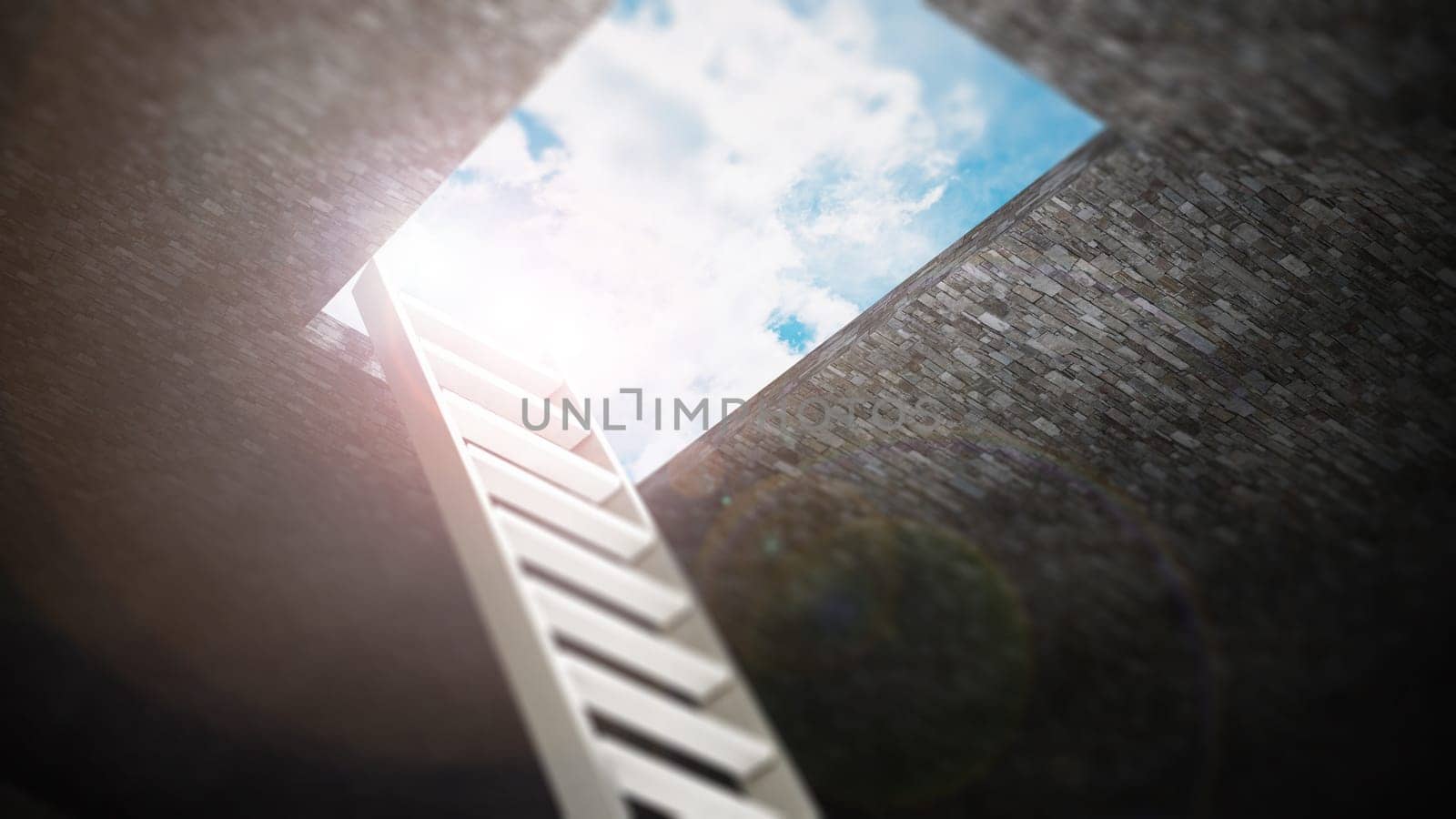 Ladder leading to the opening to the blue sky. 3D illustration.