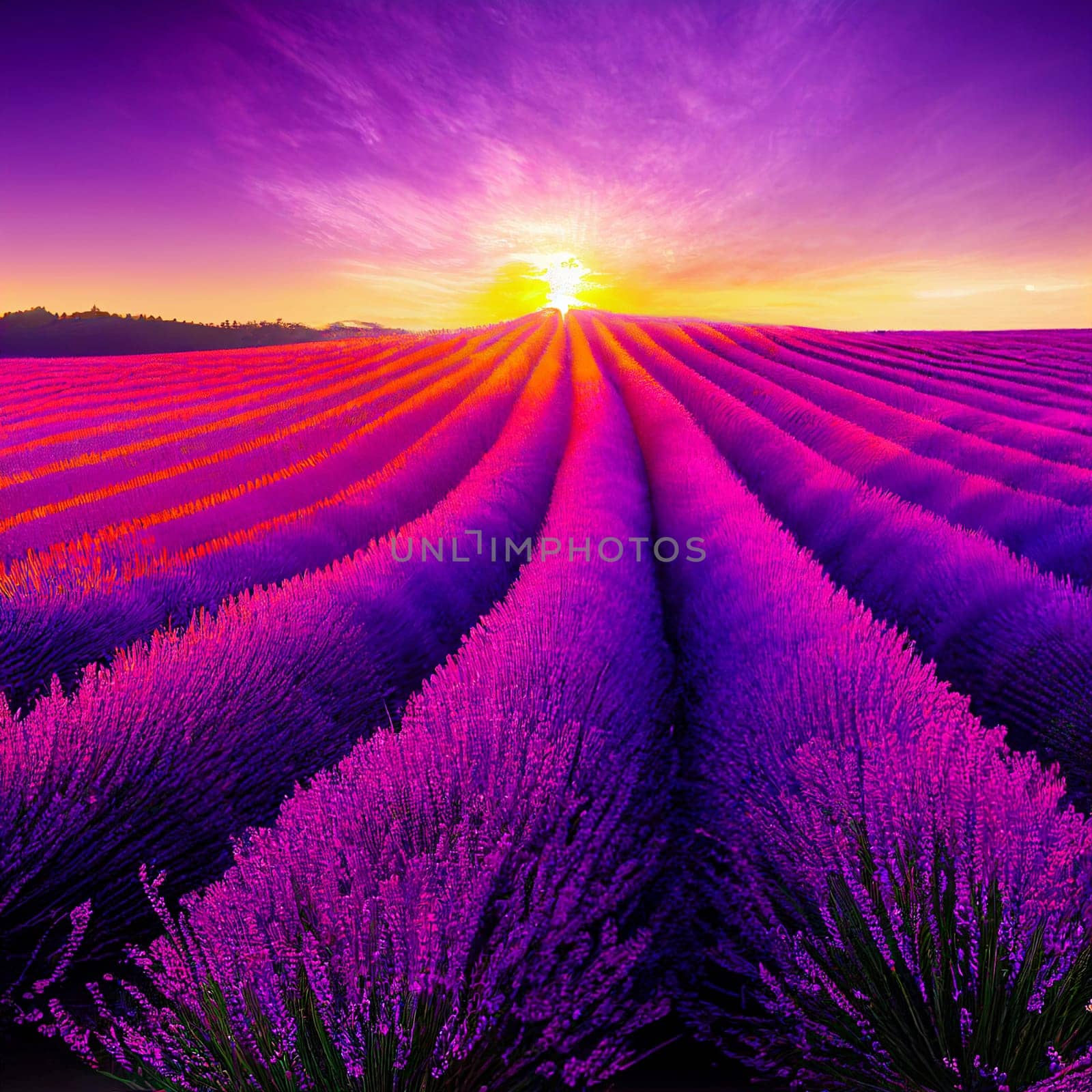 Illustration of a beautiful lavender field at late sunset