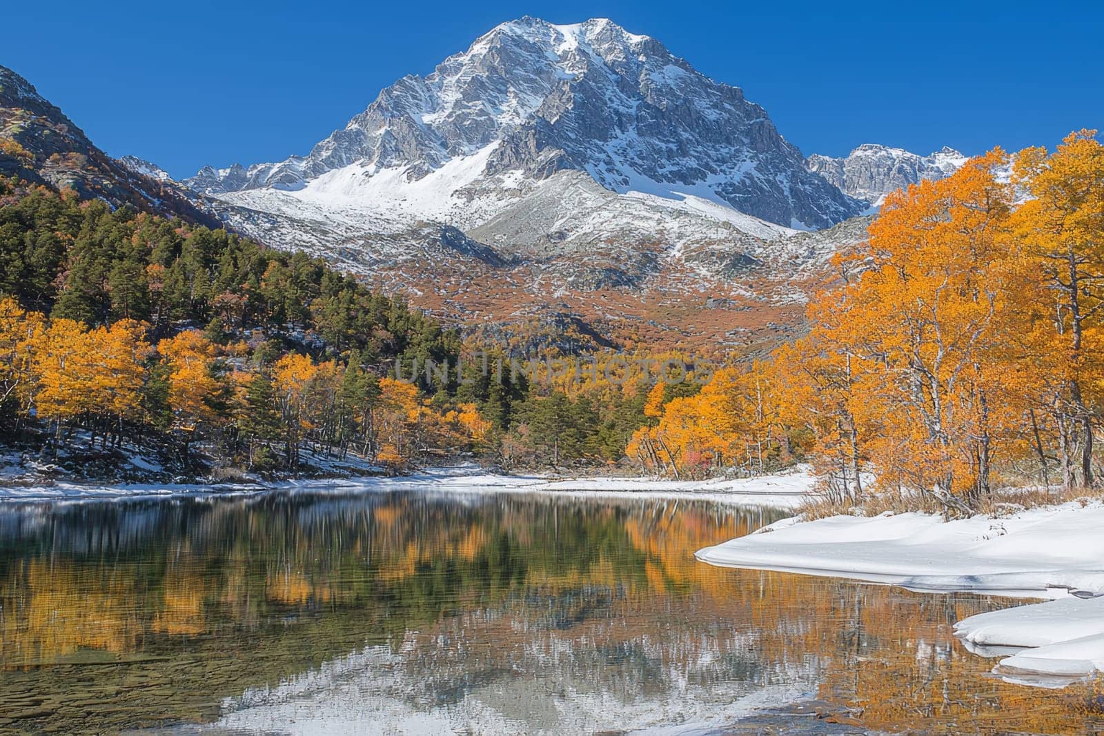 Bright orange and yellow leaves surround a serene lake, mirroring majestic peaks dusted with snow against a brilliant sky.