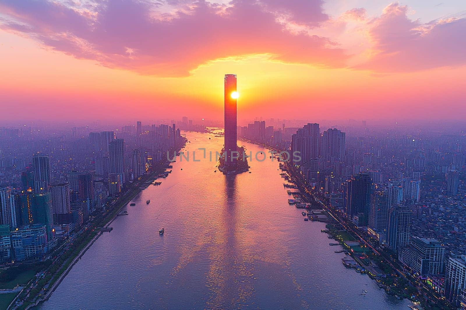 Golden sunlight gleams through towering buildings as the city glows under a pastel sky, highlighting the serene river below.