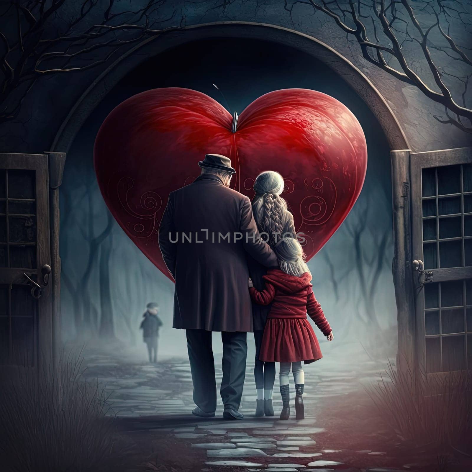 A heartwarming depiction of a happy family celebrating Valentine's Day in a romantic setting, surrounded by love and beautiful flowers. The image is generated with the use of an AI.