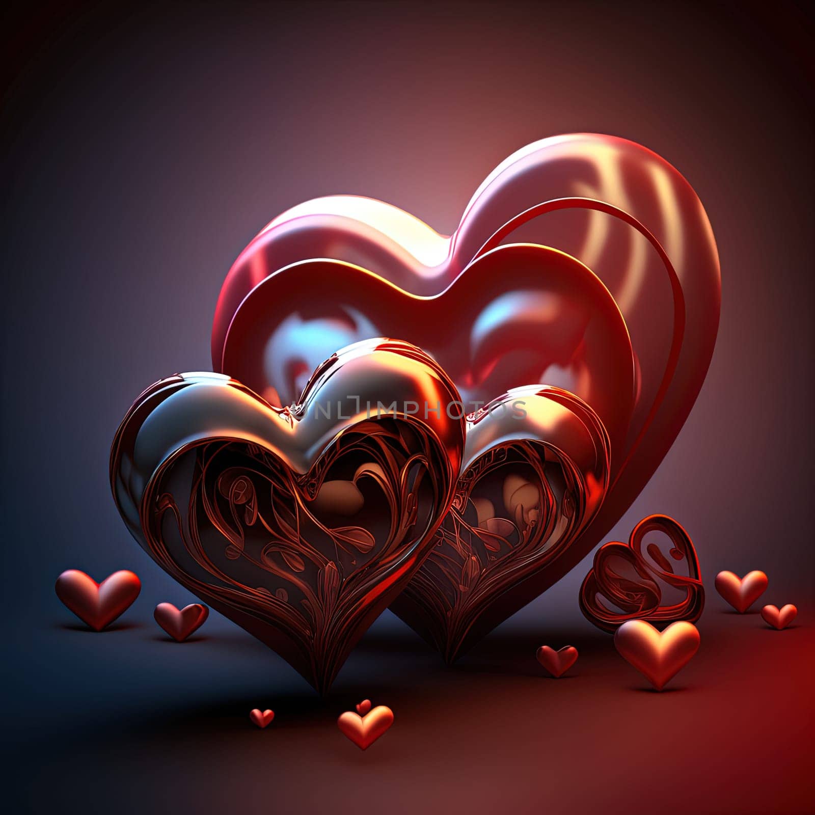 A romantic scene of a garden in full bloom on Valentine's Day. The image is generated with the use of an AI.