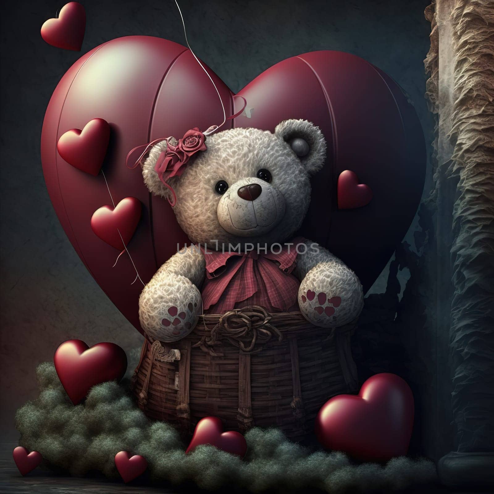 A beautiful and colorful image featuring a lovely romantic setting with an abundance of flowers and hearts. The image is generated with the use of an AI.