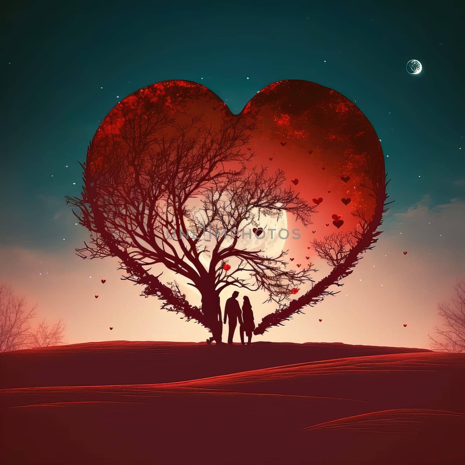 A picturesque garden scene with a couple of lovebirds perched on a branch surrounded by blooming romantic flowers. The image is generated with the use of an AI.