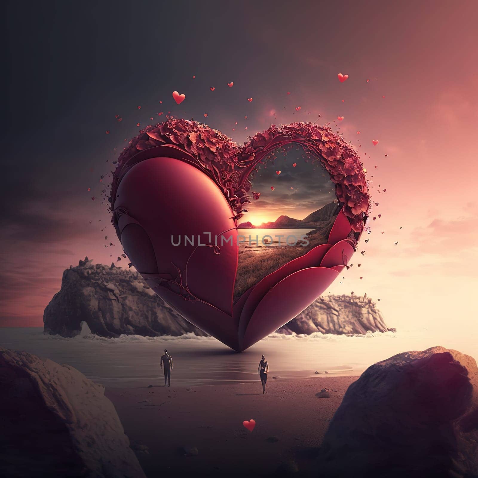 A whimsical image of hearts in a romantic setting, perfect for Valentine's Day. The image is generated with the use of an AI.