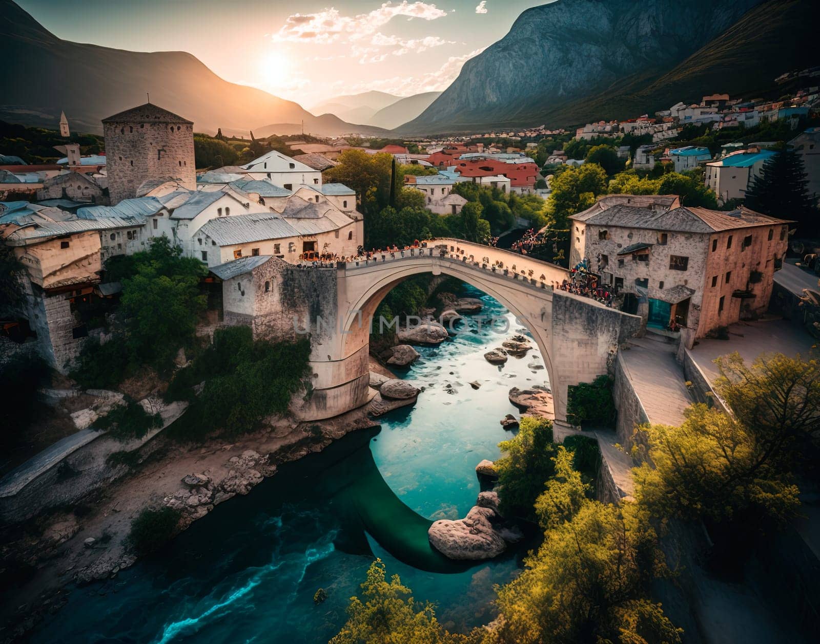 This serene painting depicts the historic Old Bridge of Mostar, a symbol of the city and a UNESCO World Heritage site. The image captures the beauty and timelessness of the bridge as it spans the Neretva River. The image is generated with the use of an AI.