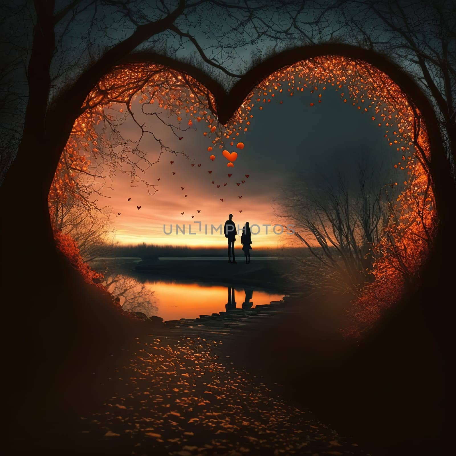 A serene and idyllic depiction of a couple celebrating Valentine's Day, surrounded by nature. The image is generated with the use of an AI.