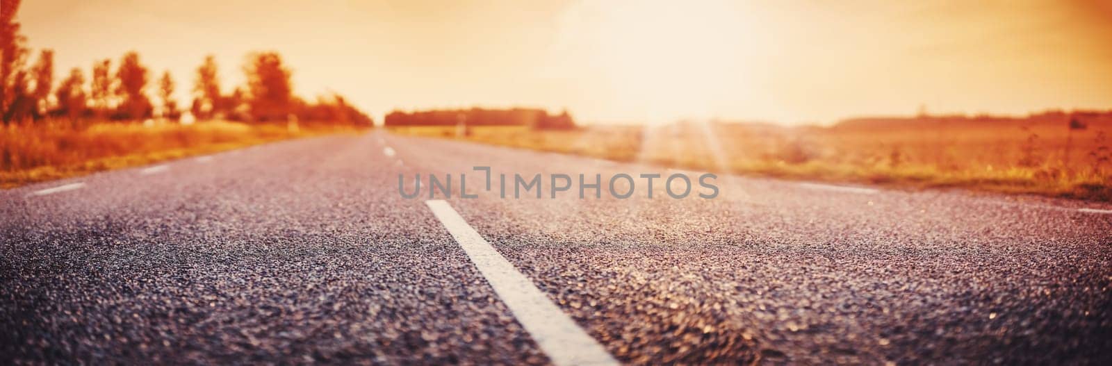 Closeup view of the asphalt road in natural park. Panoramic background. Concept of the transportation and journey.