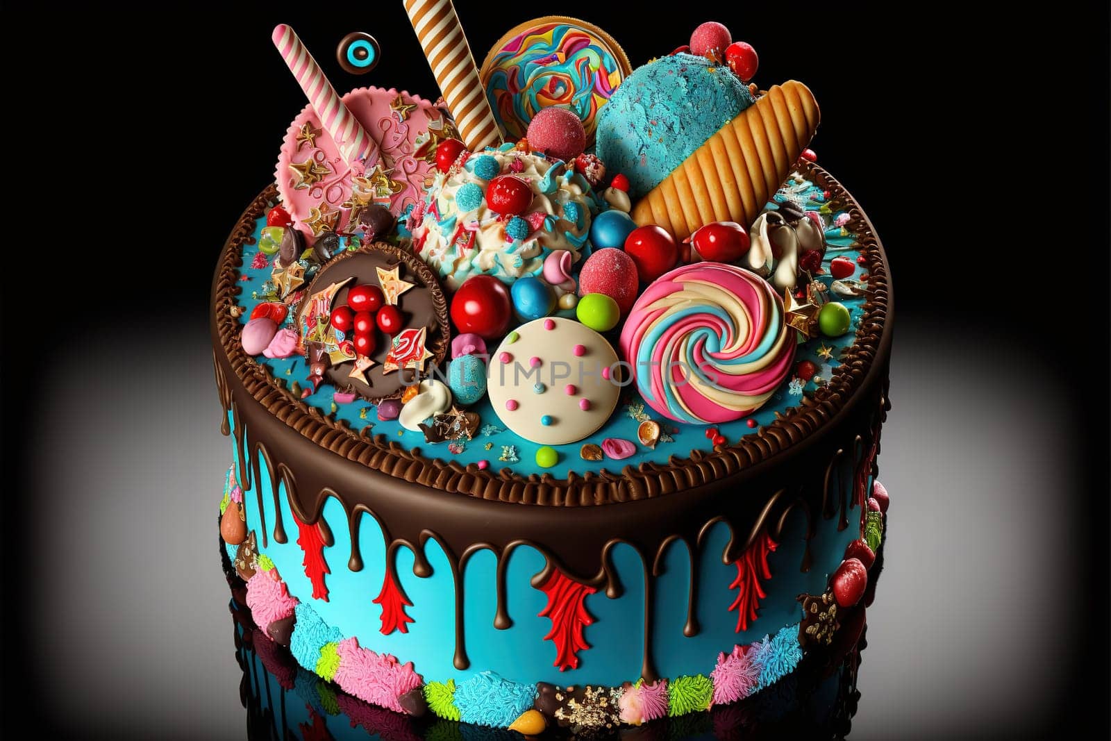 Celebration birthday cake with lots of icing and decorations.