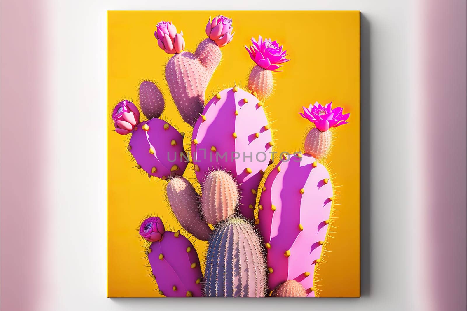 Colourful pink cactus plant against yellow background.