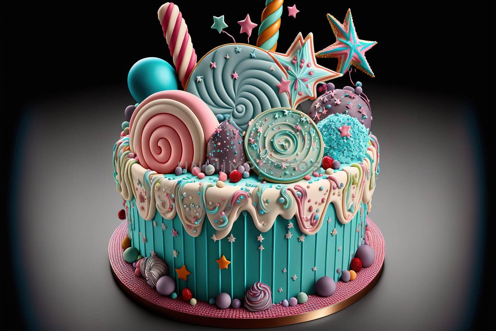 Celebration birthday cake with lots of icing and decorations.