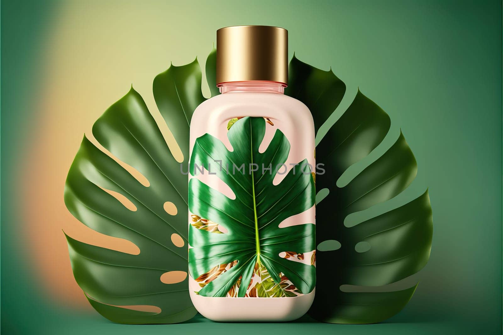 Cosmetic product bottle with blank label on a tropical leaf .