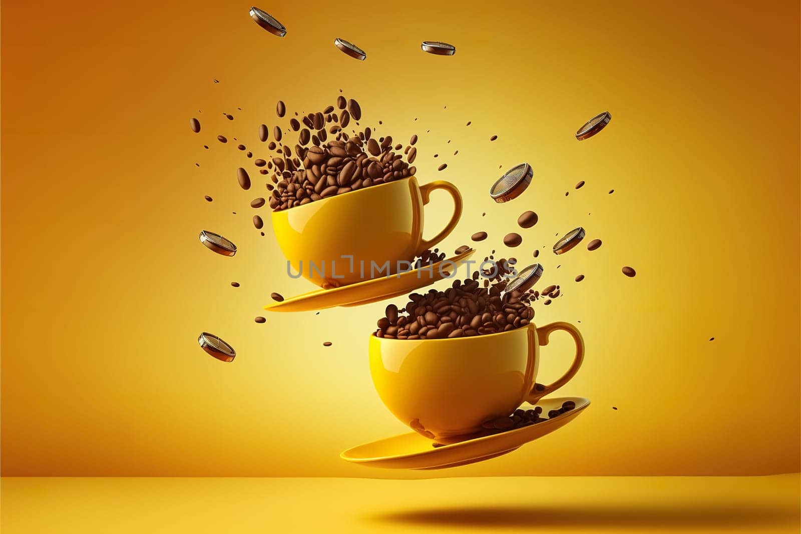 Yellow coffee cups and roasted coffee beans flying on a yellow background.