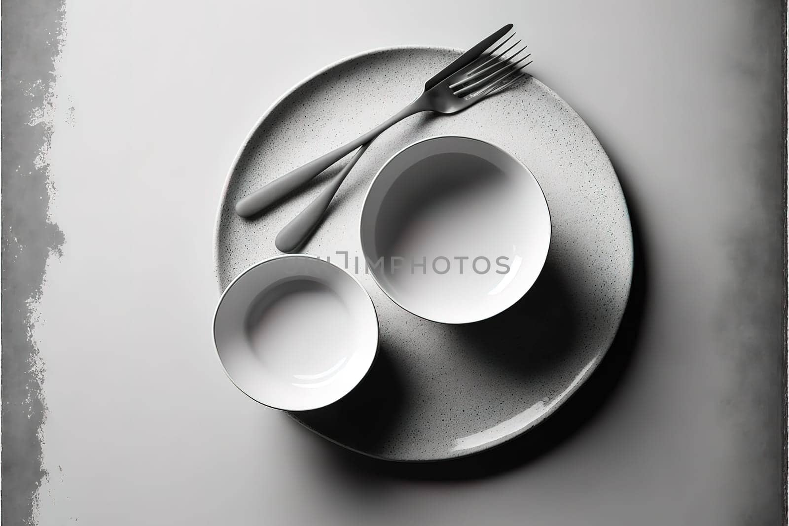 Stylish tableware on light grey table, flat lay. Space for text .