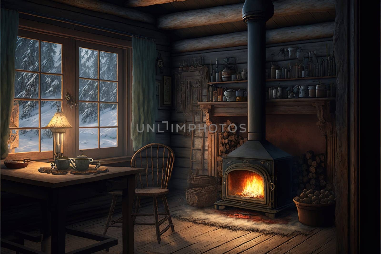 cabin interior, Winter, fireplace.