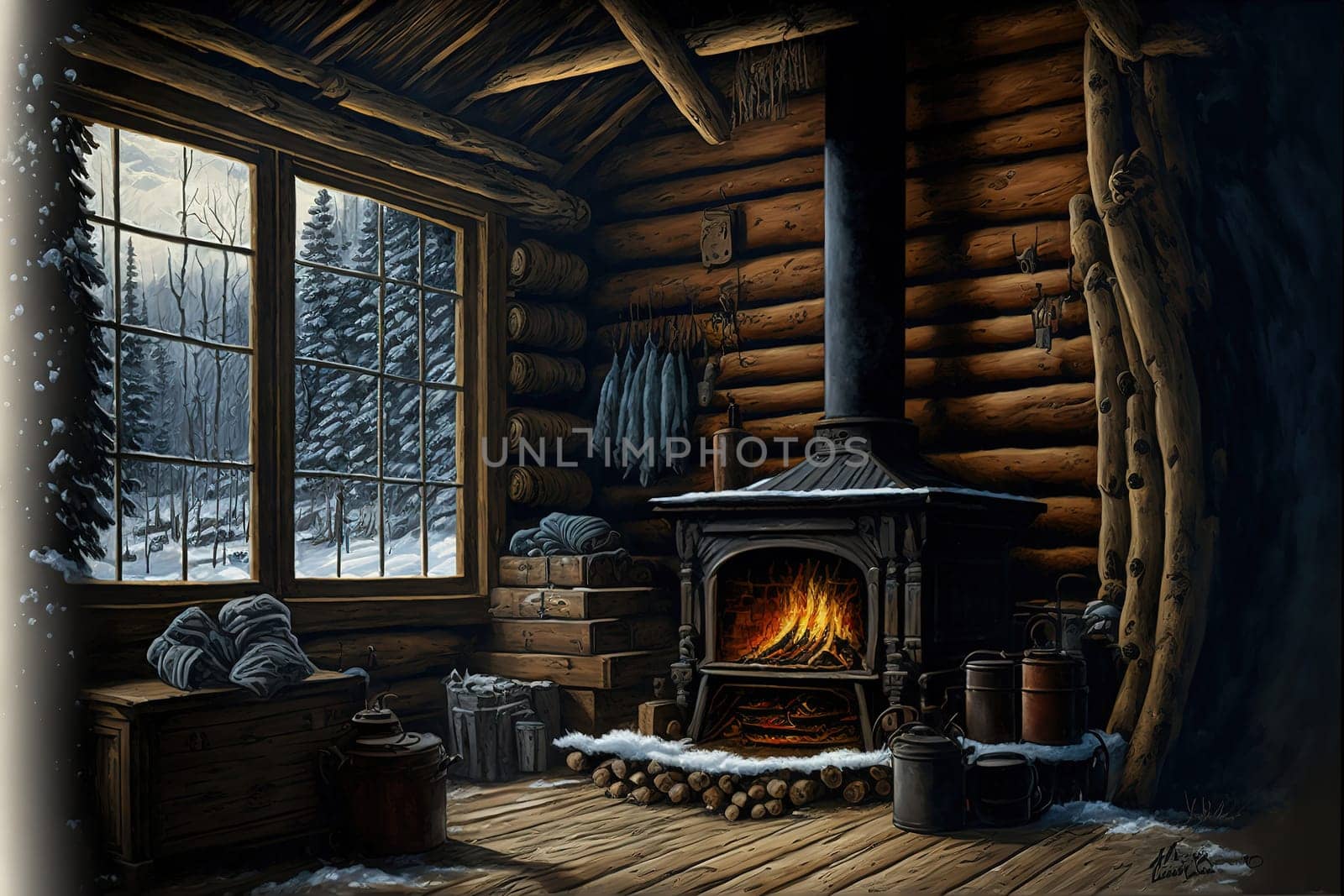 cabin interior, Winter, fireplace.