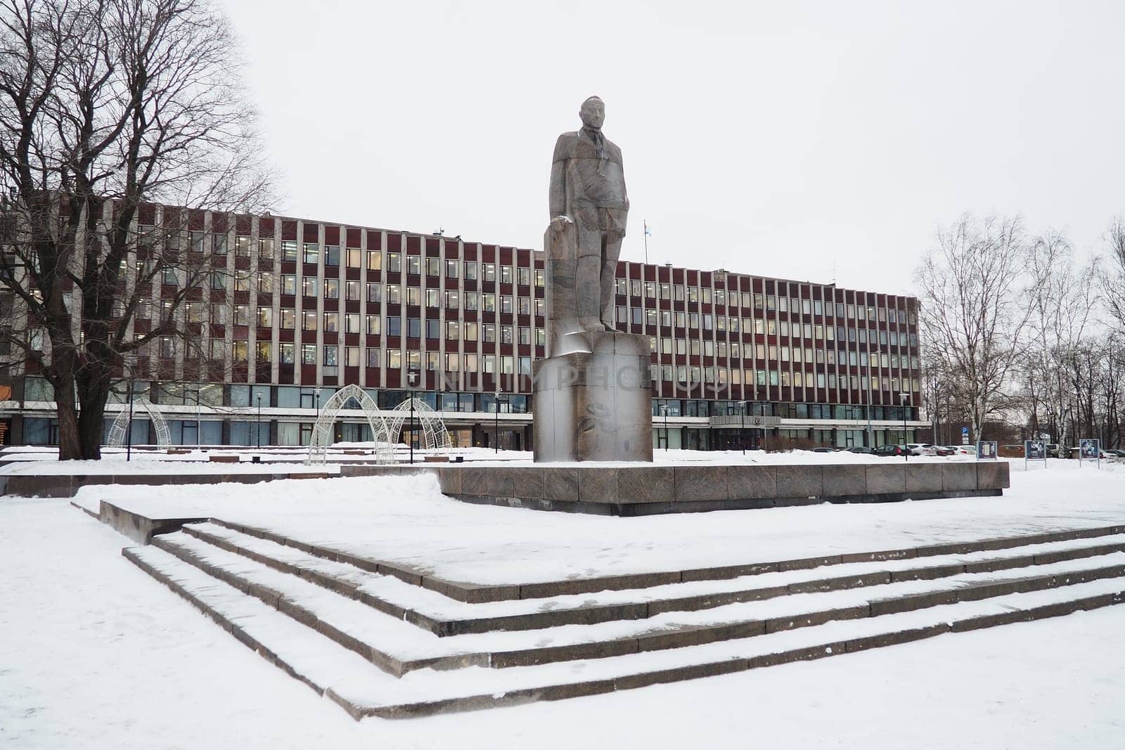 Petrozavodsk, Karelia, Russia, January 16, 2023 Monument to Otto Wilhelmovich Kuusinen, Russian Soviet statesman, political and party leader, installed on Sovietskaya Square in the capital of Karelia.