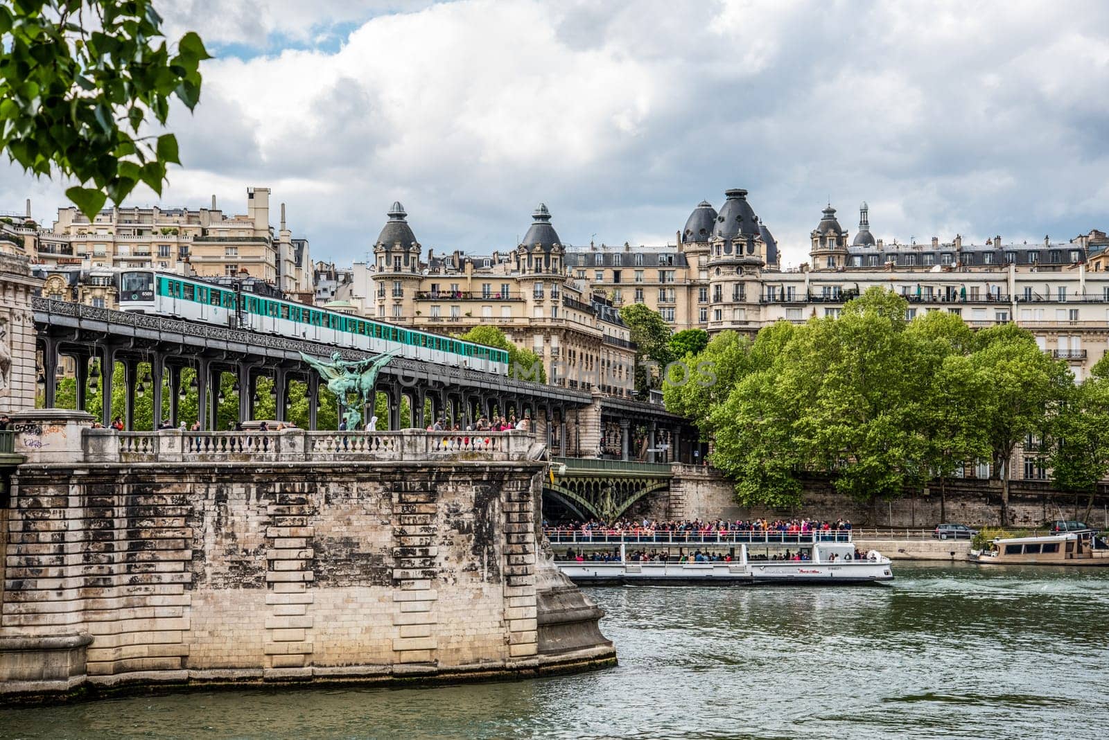 A metro crossing the bridge Bir Hakeim over the Seine in Paris, France
