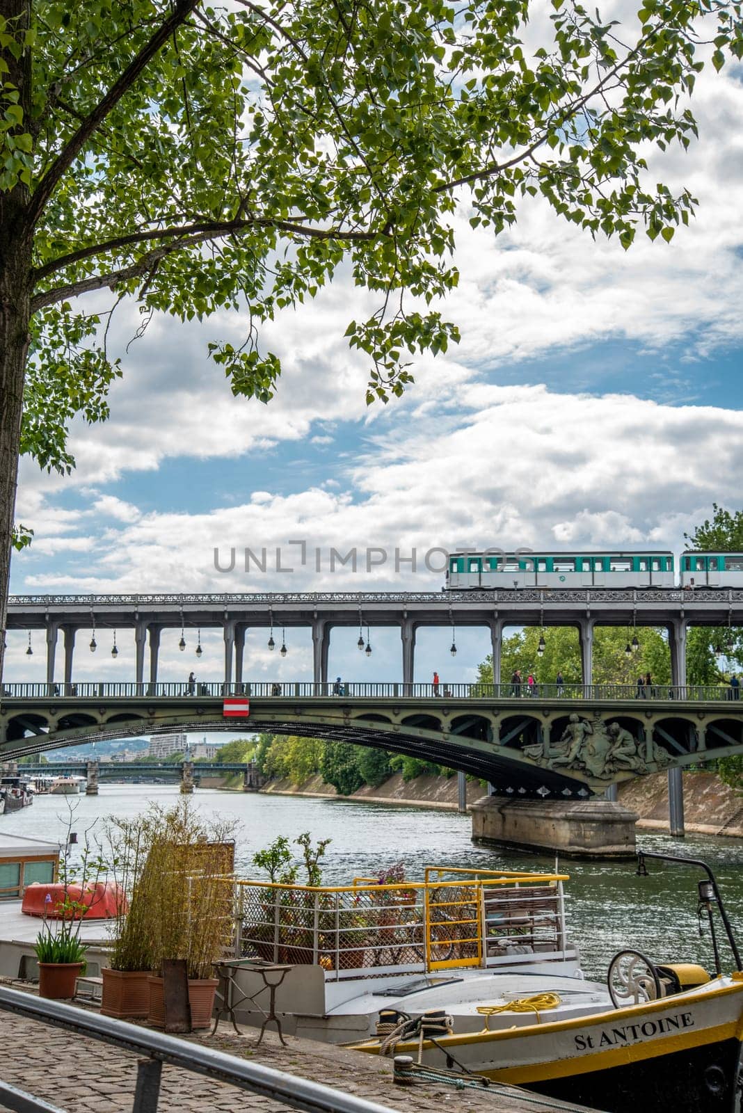 A metro crossing the bridge Bir Hakeim over the Seine in Paris, France