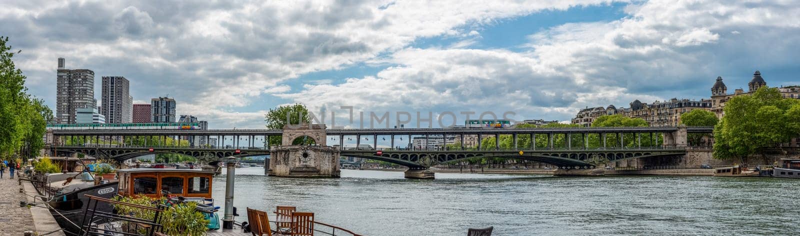 A metro crossing the bridge Bir Hakeim over the Seine in Paris, France
