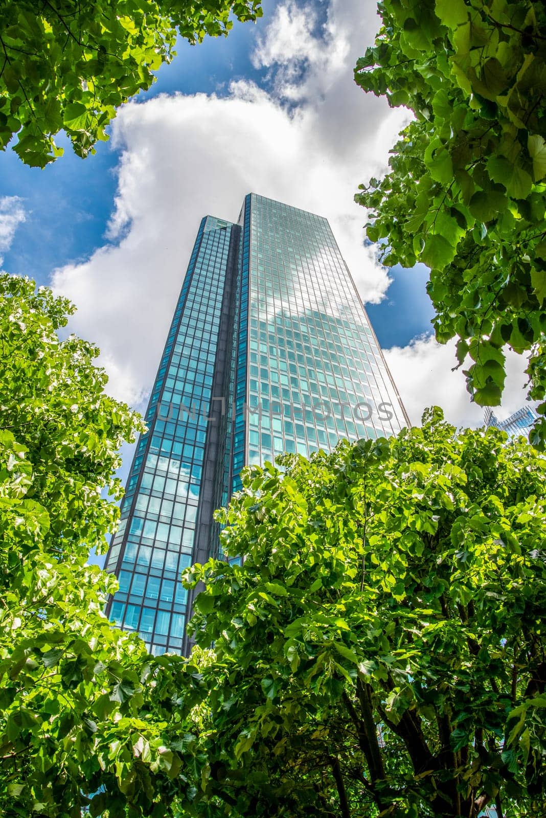 Modern Installation of a path in the trees between skyscrapers in La Defense financial district in Paris, France