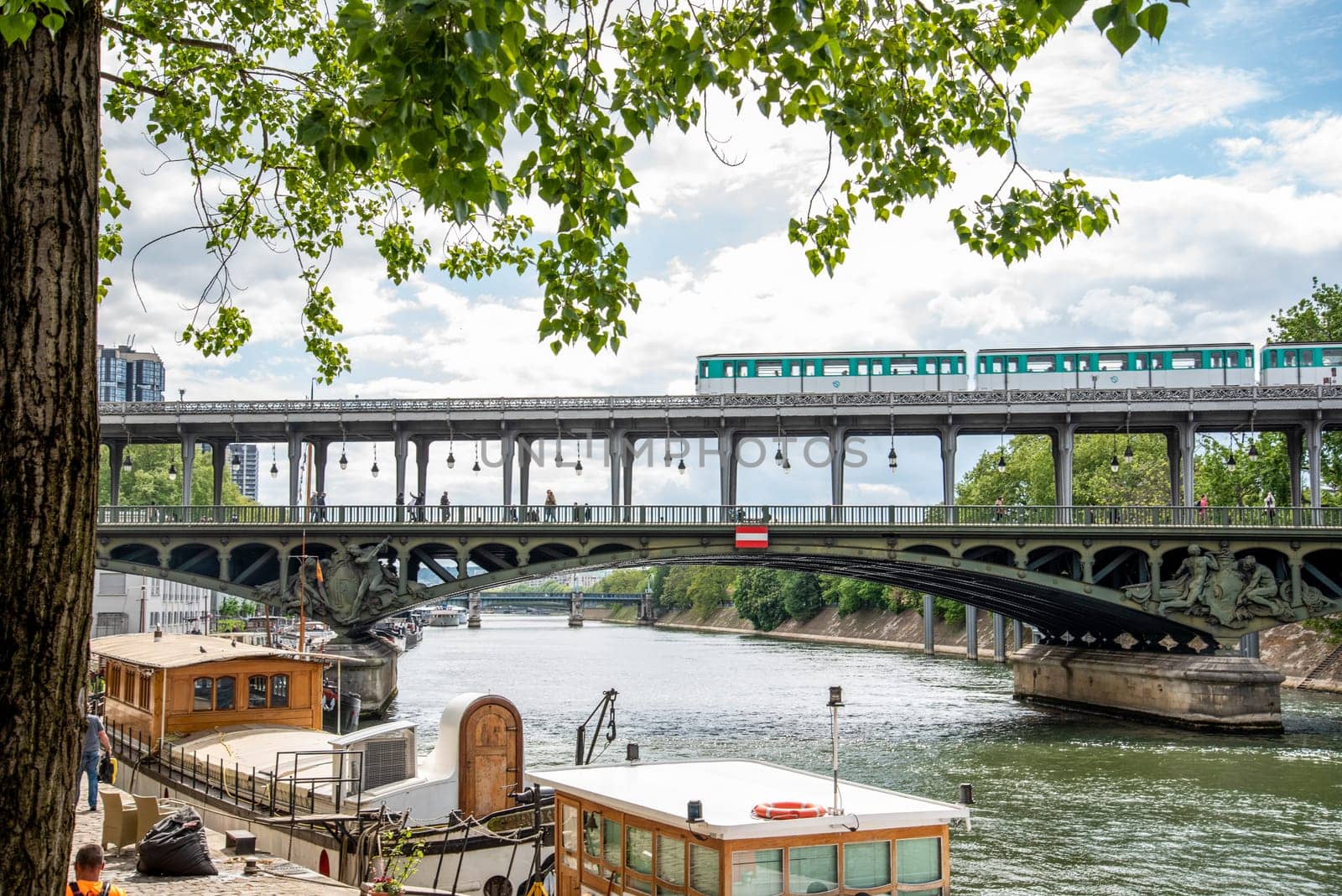 A metro crossing the bridge Bir Hakeim over the Seine in Paris, France