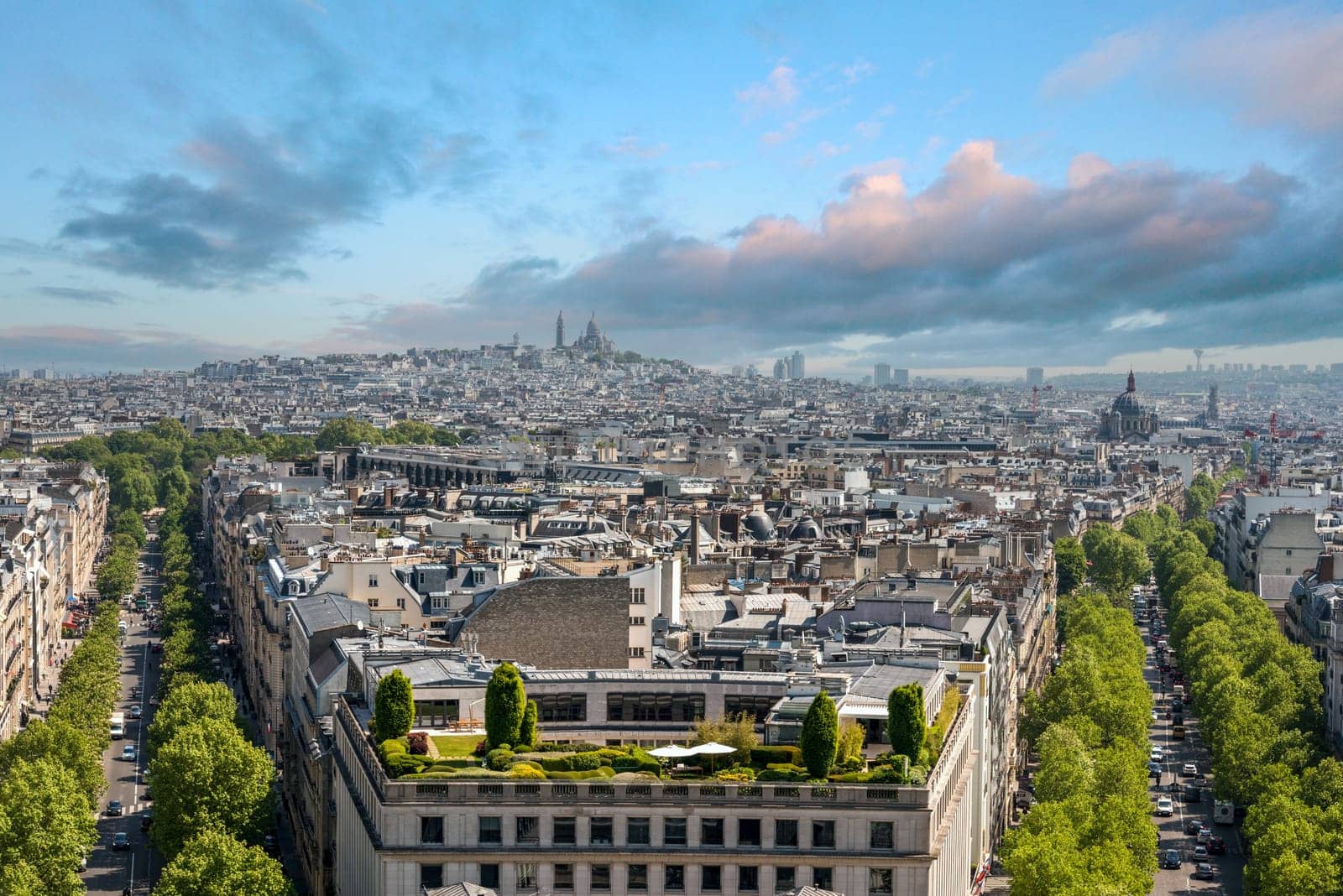 Panoramic View from Arc de Triomphe Notheast to Sacre Coeur Church, Paris, France