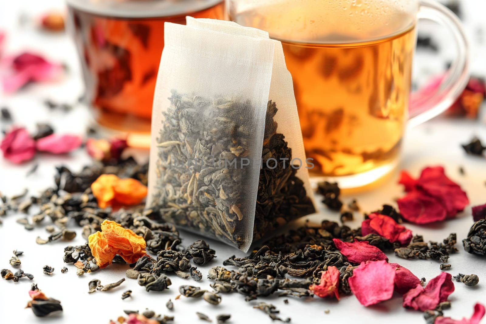 Pouring steaming tea into delicate cups, surrounded by a mix of fragrant petals and loose leaf tea creating a colorful display.