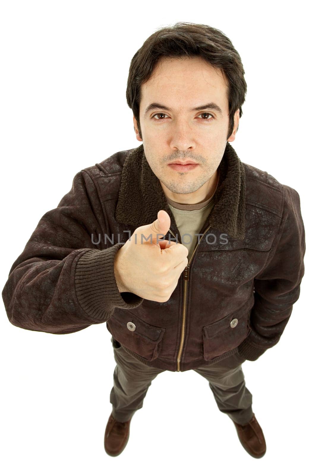 young casual man going thumb up in a white background