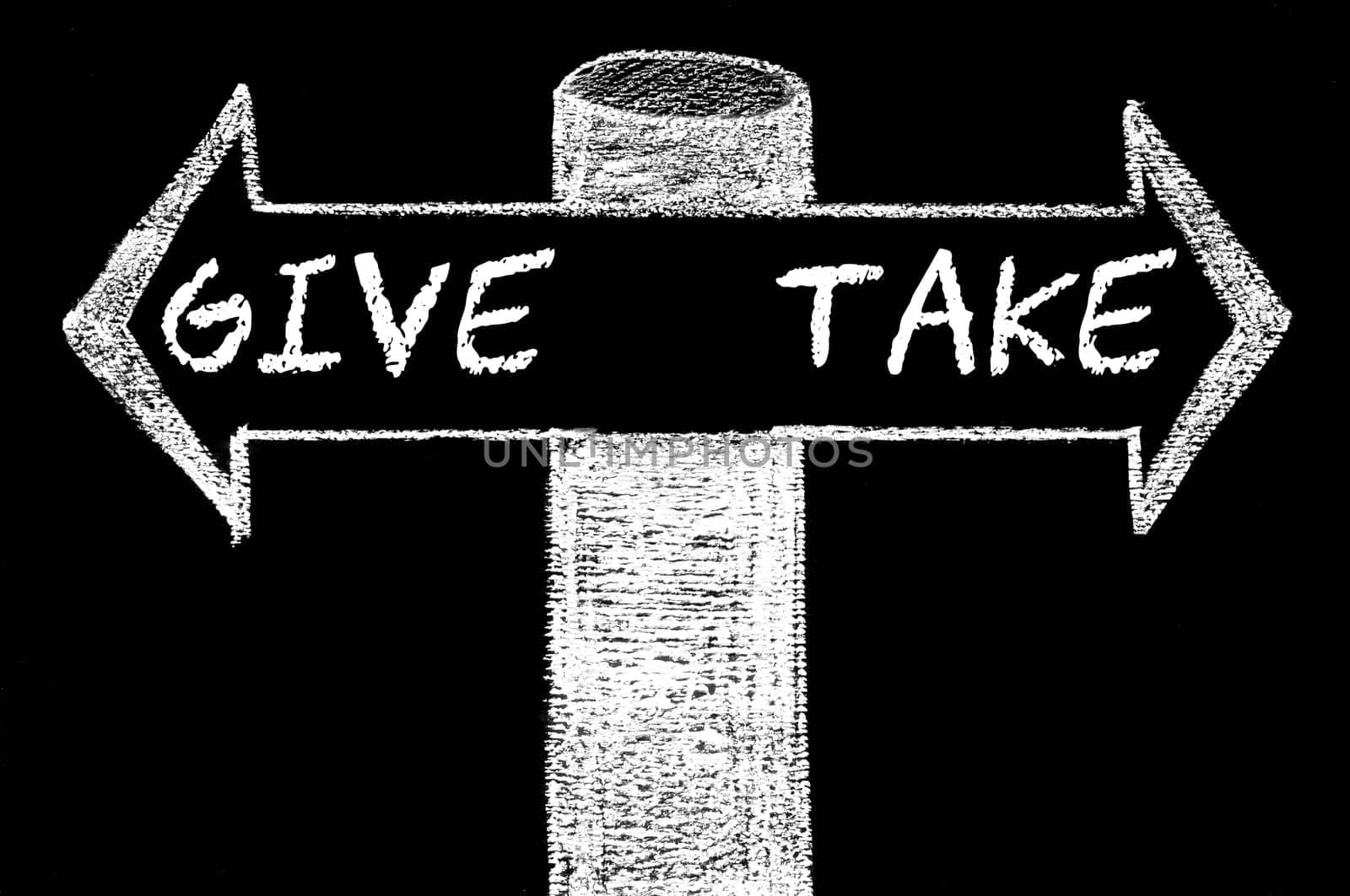 Opposite arrows with Give versus Take. Hand drawing with chalk on blackboard. Choice conceptual image