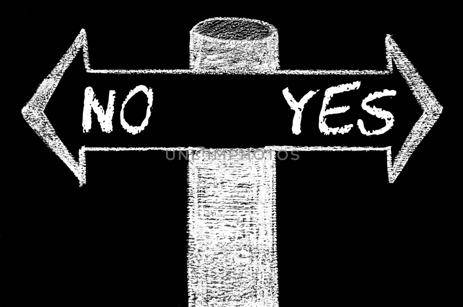 Opposite arrows with NO versus YES. Hand drawing with chalk on blackboard. Choice conceptual image