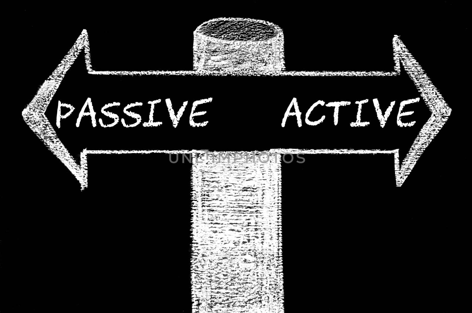 Opposite arrows with Passive versus Active. Hand drawing with chalk on blackboard. Choice conceptual image