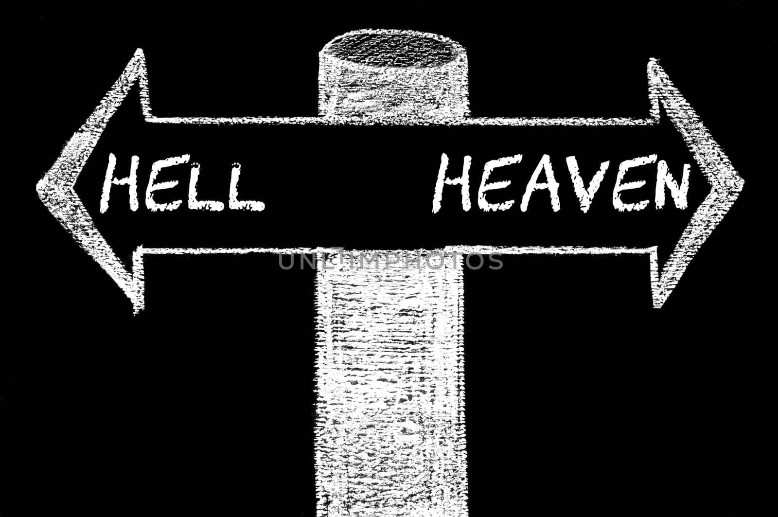 Opposite arrows with Hell versus Heaven. Hand drawing with chalk on blackboard. Choice conceptual image
