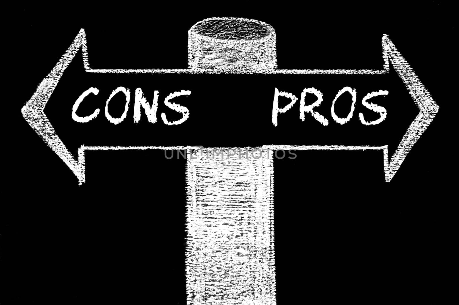 Opposite arrows with Pros versus Cons. Hand drawing with chalk on blackboard. Choice conceptual image