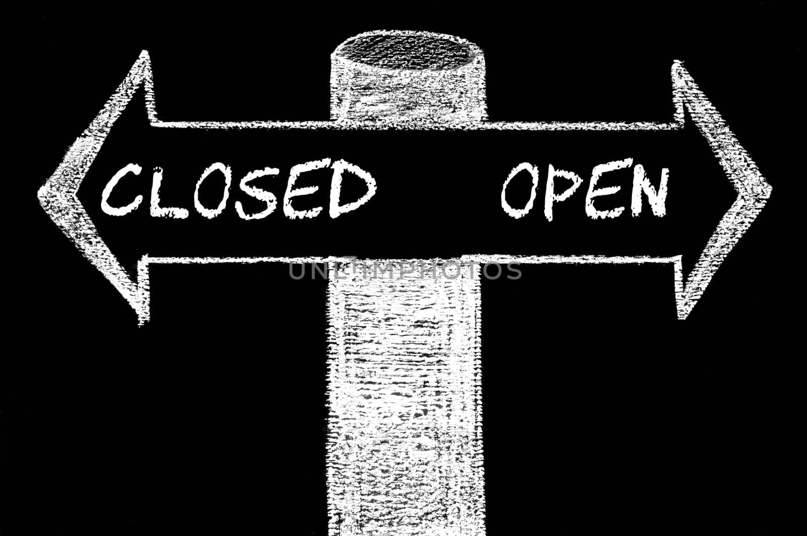 Opposite arrows with Closed versus Open. Hand drawing with chalk on blackboard. Choice conceptual image