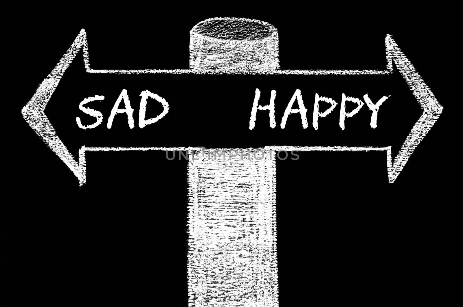 Opposite arrows with Sad versus Happy. Hand drawing with chalk on blackboard. Choice conceptual image