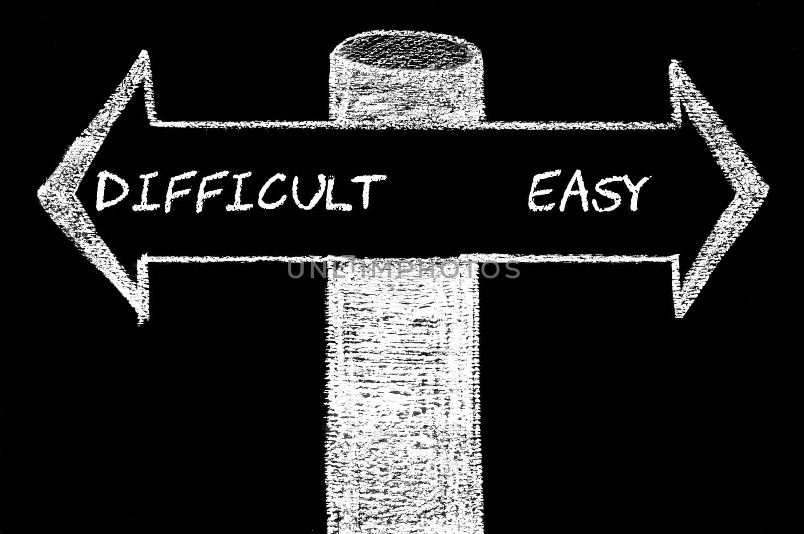 Opposite arrows with Difficult versus Easy. Hand drawing with chalk on blackboard. Choice conceptual image
