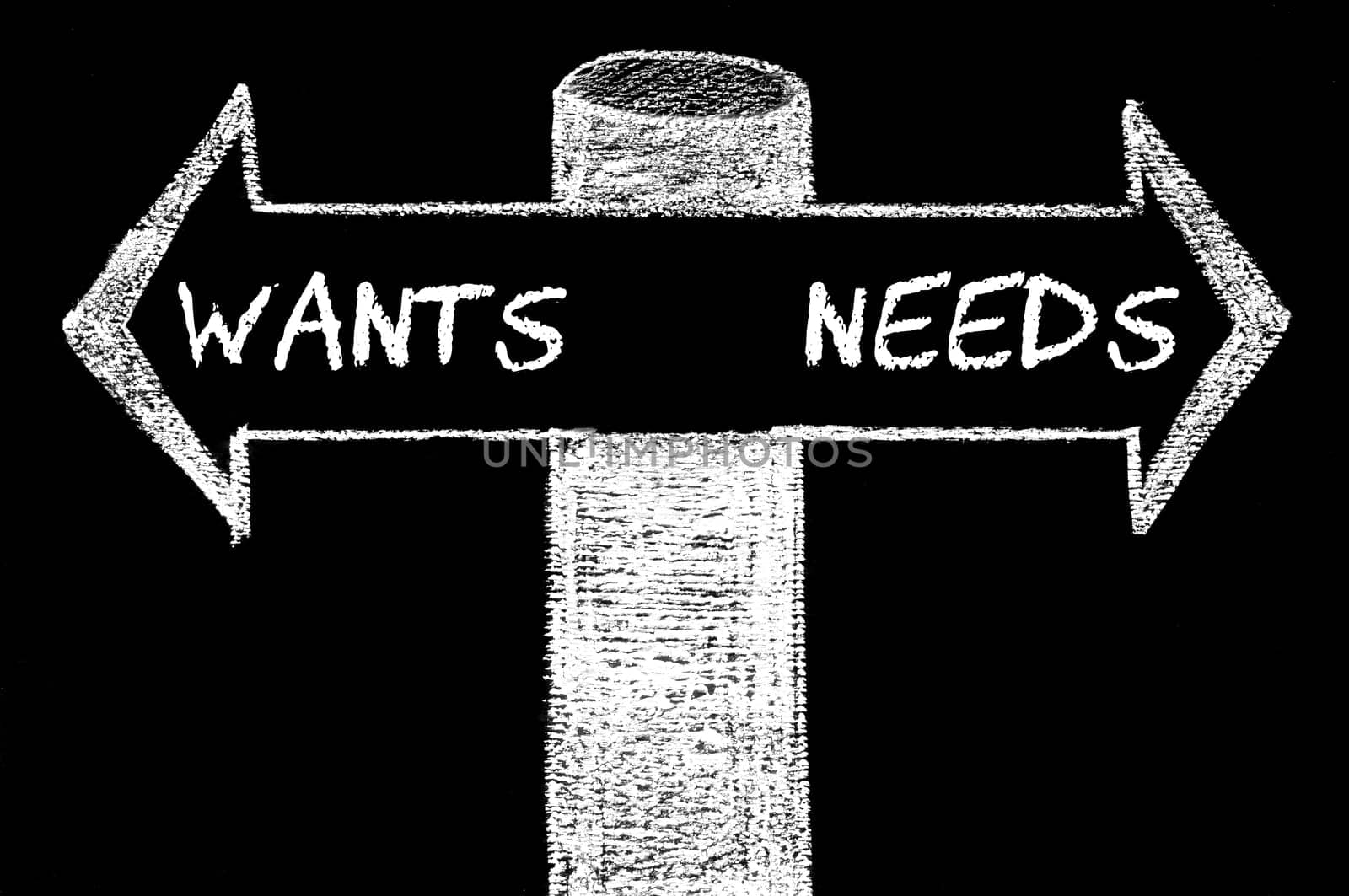 Opposite arrows with Wants versus Needs. Hand drawing with chalk on blackboard. Choice conceptual image
