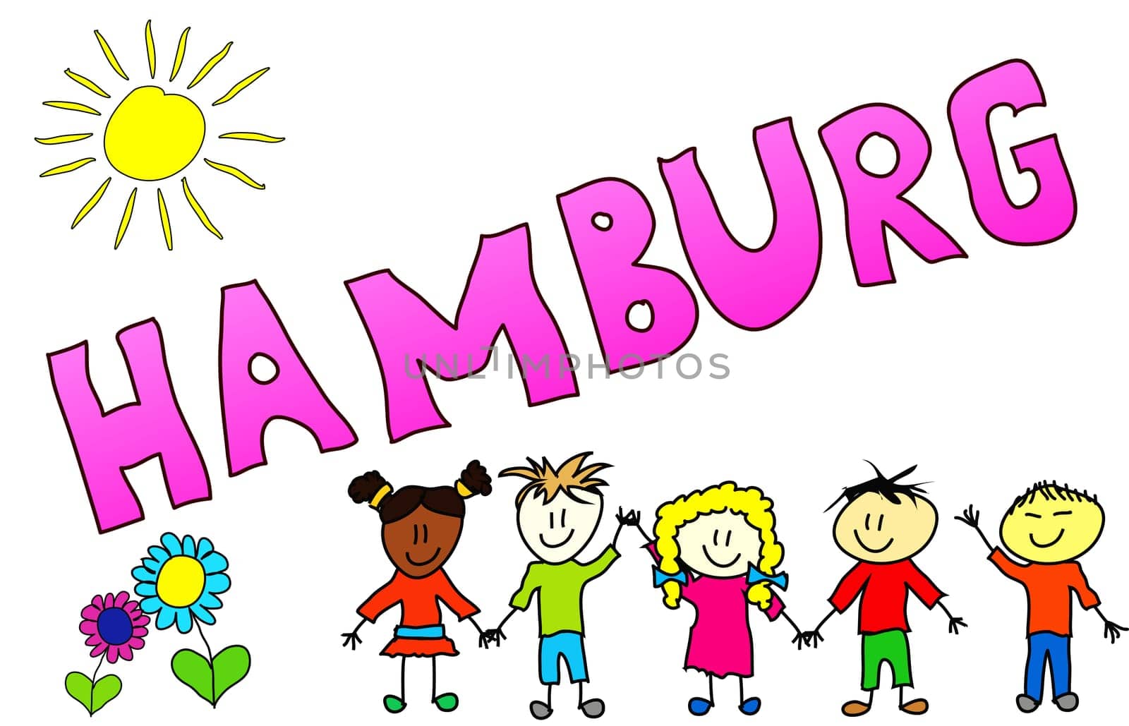 The word HAMBURG is illustrated in a cheerful,childlike and colourful way!