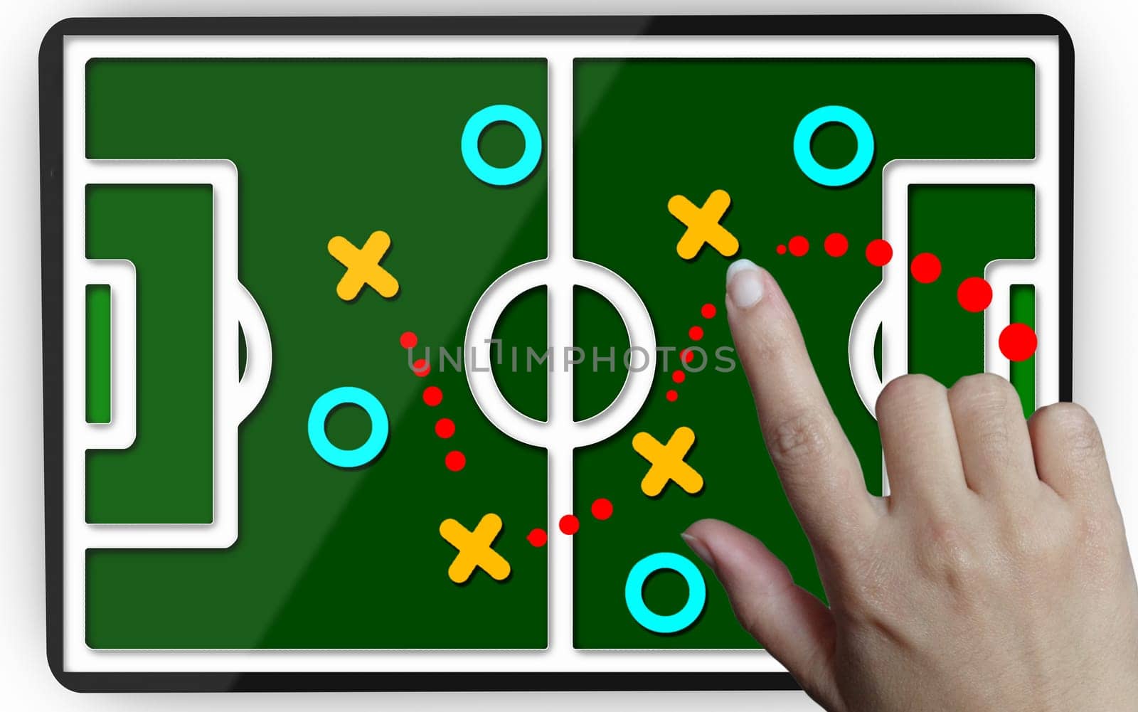 Metaphor about the development of a strategy. Hand moving a team on a tablet to reach the goal.