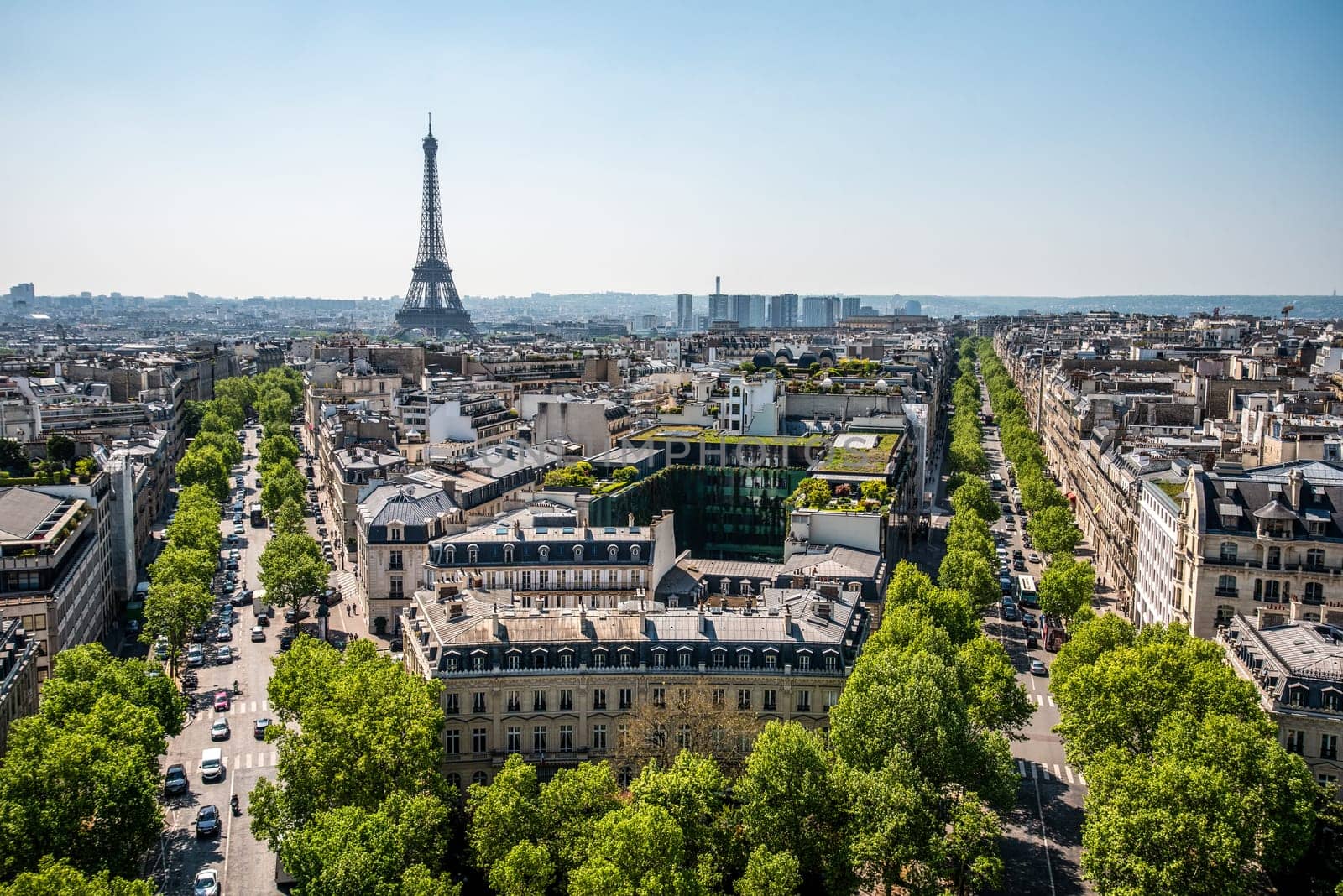Panoramic View from Arc de Triomphe South to Tour Eiffel, Paris, France