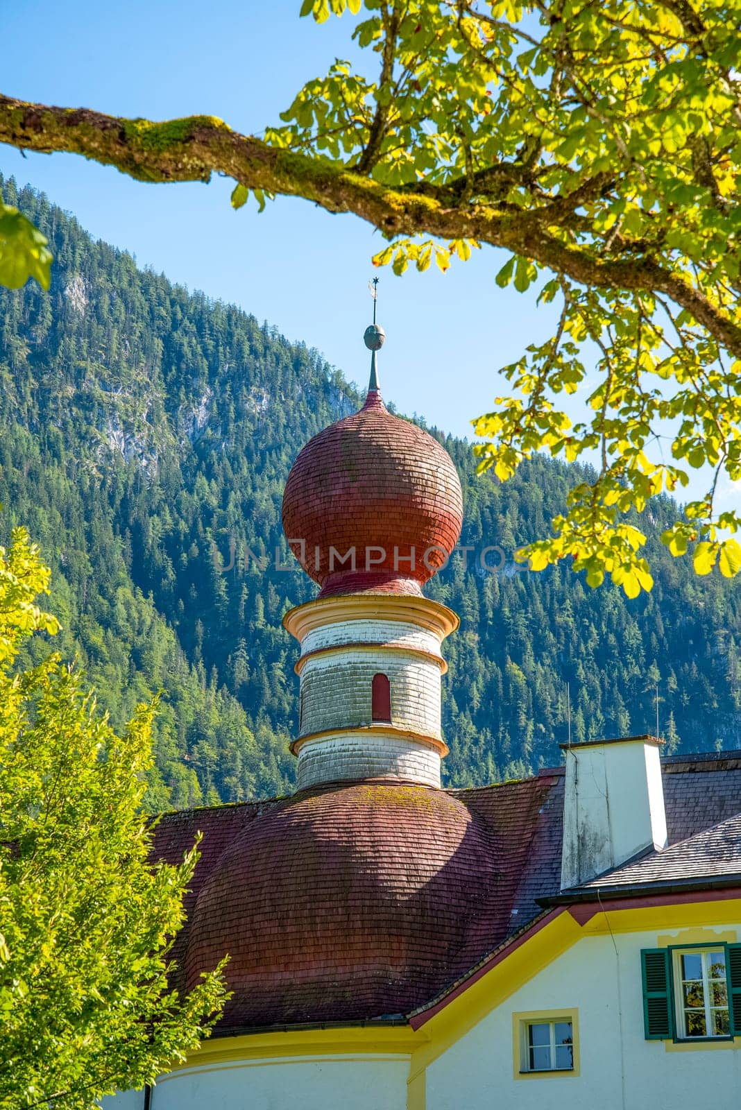 Little Church Saint Bartholomew at Lake Koenigssee in the Bavarian Alps, Germany