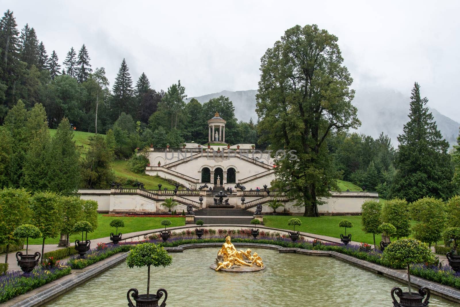 LINDERHOF, GERMANY - SEPTEMBER 22, 2022 - Linderhof Palace and its Park, Main Fountain, Upper Bavaria, Germany